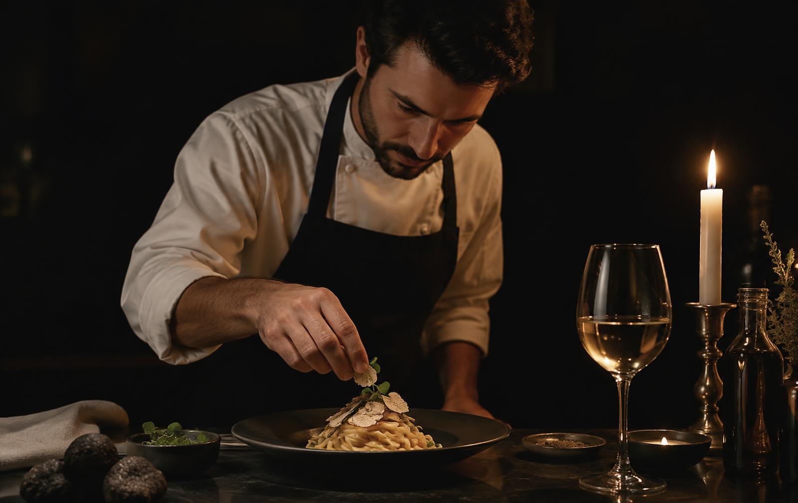 Chef privado emplatando pasta italiana a la luz de las velas